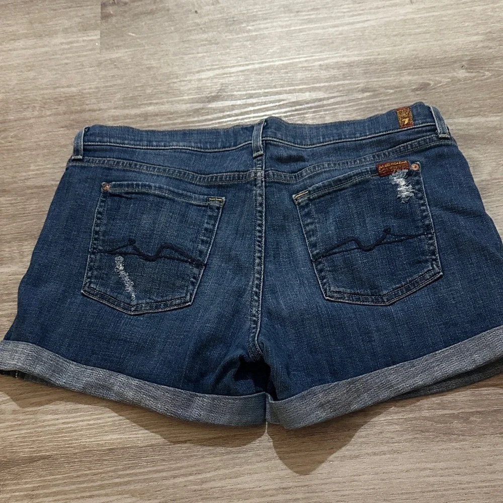 7 For All Mankind Dark Blue Distressed Jean Shorts - Picture 3 of 5